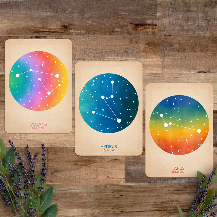 three cards featuring the volans constellation, the hydrus constellation and the apus constellation