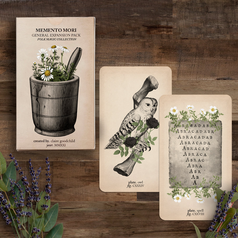 The Memento Mori Oracle Deck Folk Magic expansion pack with two cards (owl and spell) against a wooden background with lavender flowers below