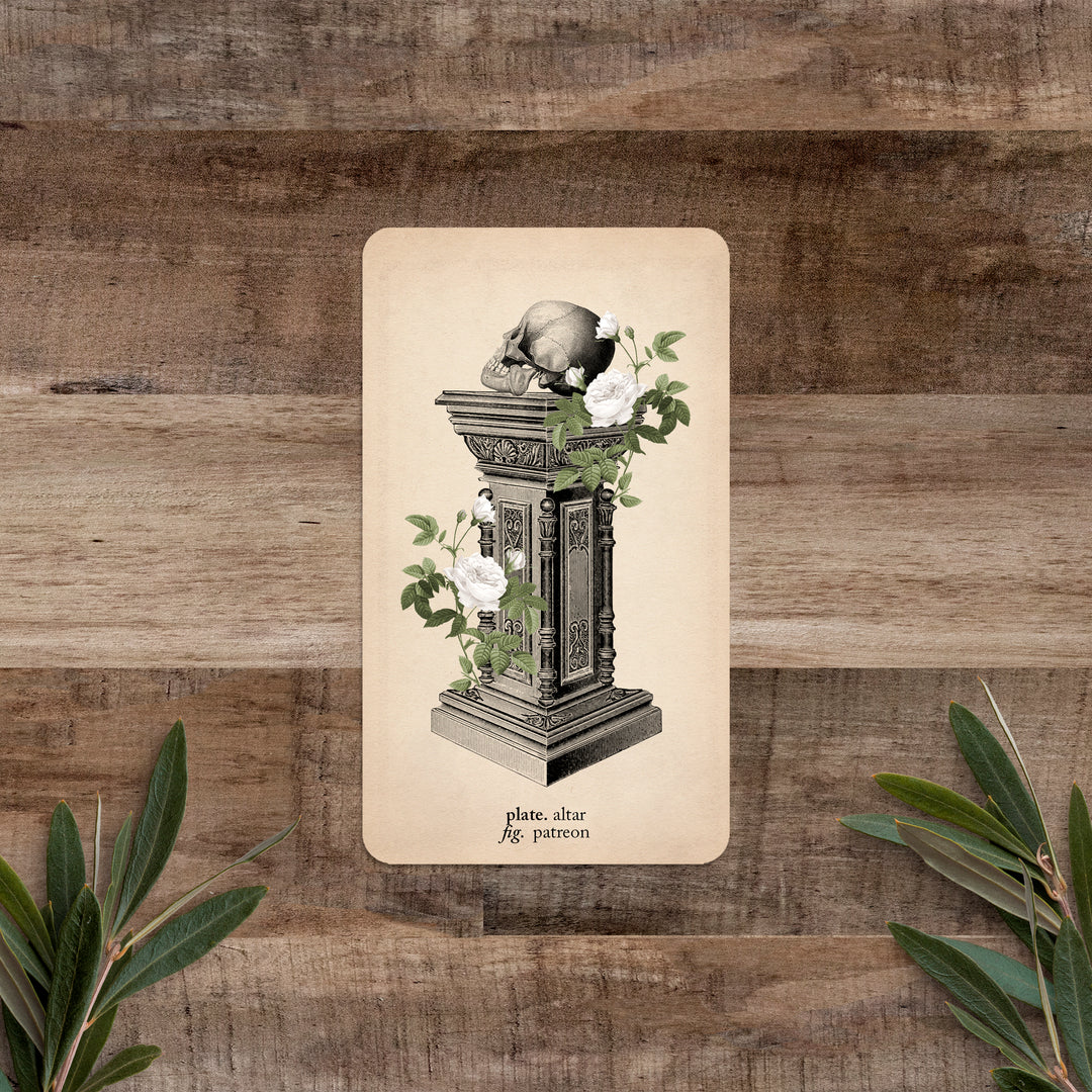 memento mori oracle patreon altar card on brown background with olive branches